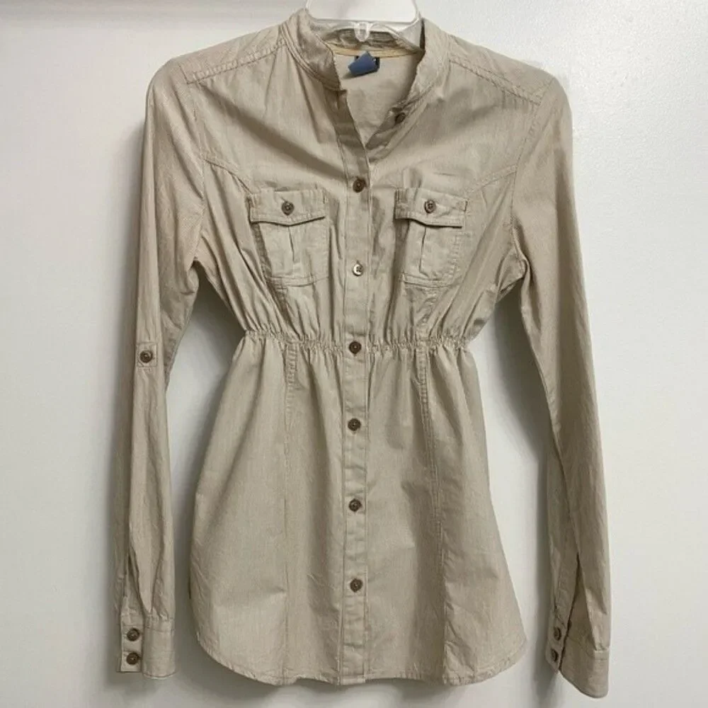 NWOT VTG Zara Button Front Elastic Waist Shirt Size S Tan Stripes Preppy Western
